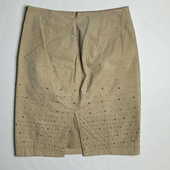 White House Black Market Tan Leather Mini Pencil Skirt SZ 2 Studs Indie Festival - Picture 2 of 8